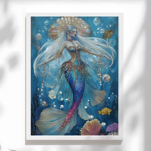 Mermaid Art Print – Fantasy Ocean Art, Pastel Mermaid Illustration, Whimsical Sea Goddess Decor, Mythical Coastal Wall Art