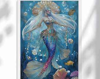 人魚のアートプリント：ピンクの海の夕日ポスター、ファンタジーな海岸