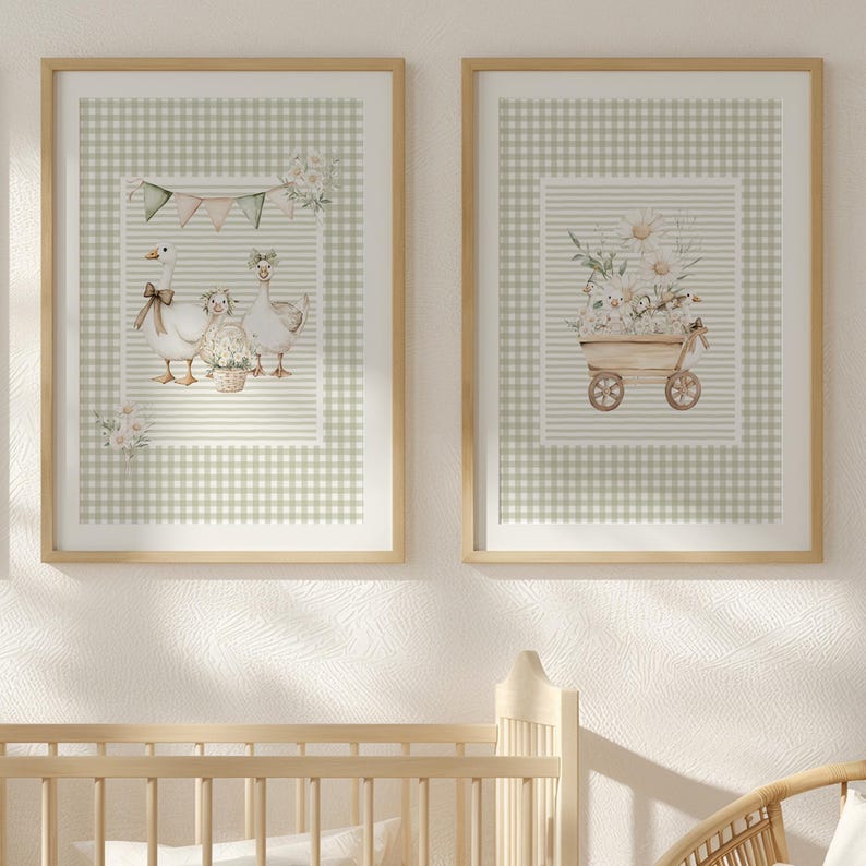 Goose Nursery Prints Set: Sage Green Gingham, Cottagecore Art - Etsy