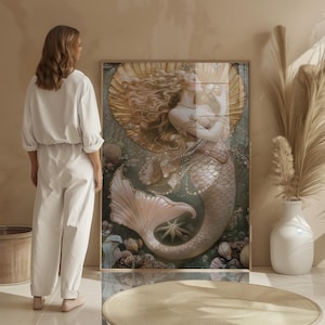 Mermaid Art Print | Ocean Fantasy Coastal Decor | Elegant Blonde Mermaid with Pearls | Underwater  Nautical Artwork | Mermaid Poster