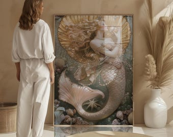Blonde Mermaid Art Print: Ocean Fantasy Coastal Wall Decor