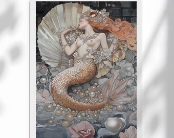 赤毛の人魚のウォールアートプリント、海岸風バスルーム装飾