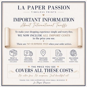 May include: A white informational graphic with dark blue and gold text titled LA PAPER PASSION TIMELESS PRINTS. It explains international tariffs, stating all import costs are included in the price. Icons represent packaging, postage, tracking, and delivery.