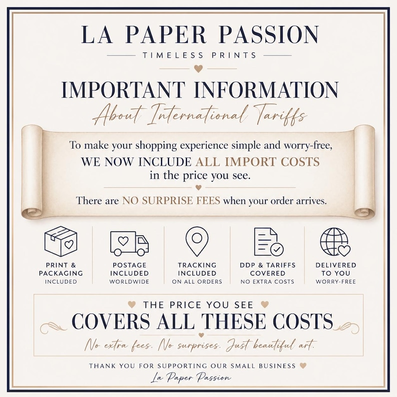 May include: A white informational graphic with dark blue and gold text titled LA PAPER PASSION TIMELESS PRINTS. It explains international tariffs, stating all import costs are included in the price. Icons represent packaging, postage, tracking, and delivery.