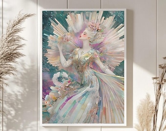 Ethereal Goddess Wall Art Print, Pastel Fantasy Portrait, Feminine Home Decor – Multiple Sizes