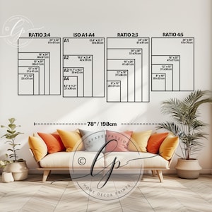 May include: A white wall with a diagram showing different print sizes in inches and centimeters. The diagram shows the standard paper sizes for ISO A1-A4, as well as ratios 3:4, 2:3, and 4:5. The text "78"/198cm" is written below the diagram. The diagram is on a white wall with a white couch in front of it.