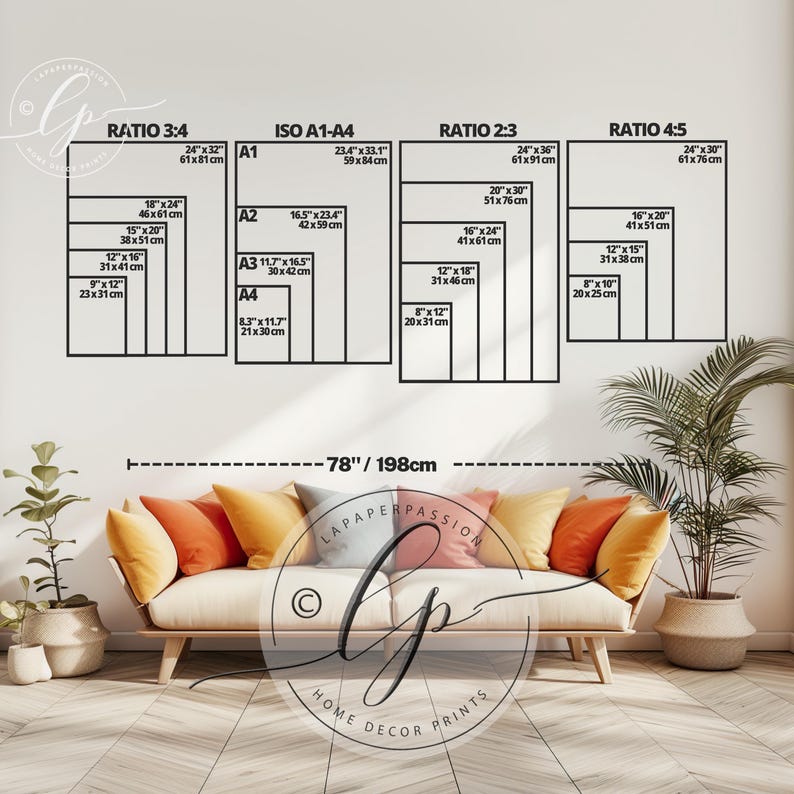 May include: A white wall with a diagram showing different print sizes in inches and centimeters. The diagram shows the standard paper sizes for ISO A1-A4, as well as ratios 3:4, 2:3, and 4:5. The text "78"/198cm" is written below the diagram. The diagram is on a white wall with a white couch in front of it.