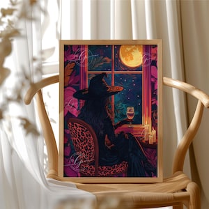 Witch In The Full Moon - Pink Halloween Wall Art- Quirky Colourful Eclectic Maximalist Home Decor - Witch Poster Print