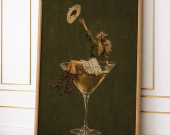 Lámina con diseño de vaquera y copa de martini / Arte para carrito de bar / Arte mural de cócteles / Decoración mural del oeste