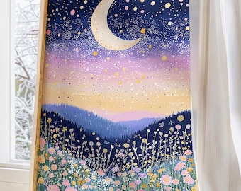 Whimsical Floral Boho Wall Art - Celestial Girls Bedroom nursery Decor - celestial moon Print, Art floral prints wildflower bloomcore decor