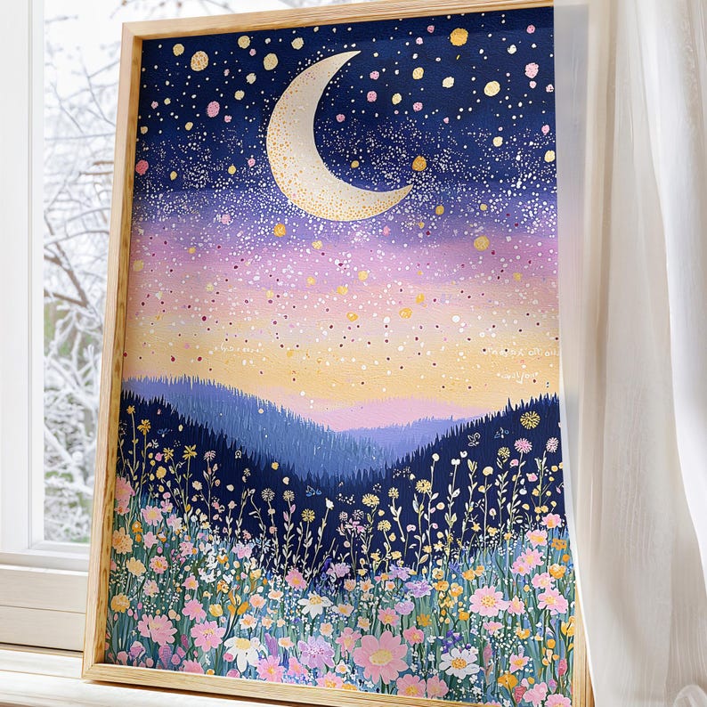 Whimsical floral moonWall Art - Girls Bedroom nursery Decor - celestial moon Print, Art floral prints wildflower bedroom decor