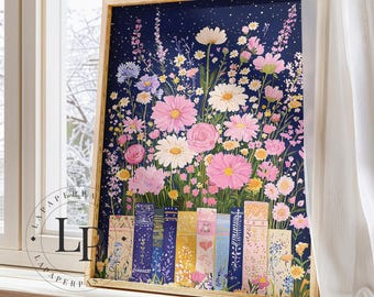 Floral Book Poster Art Print: Wildflower Bloomcore Book Stack