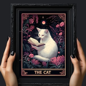 L'impression de tarot de chat - carte de tarot de chat - impression de chat botanique - art mural chat blanc - déco chat de sorcellerie