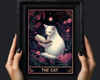 Läsande katt tarotkorttryck - Bokälskare, udda väggkonst