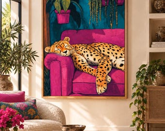 Sleeping Leopard Wall Art Print – Bold Leopard on Pink Couch Poster - Multiple Sizes