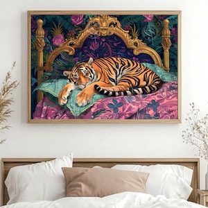 Sleeping Tiger Vintage Bed Print: Maximalist Jungle Wall Art