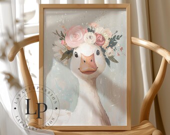 Duck Art Print: Whimsical Floral Geese, Vintage Nursery Decor
