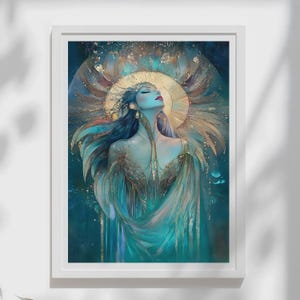 May include: Framed art print depicting a celestial figure with long blue hair and a golden halo. The artwork shows a serene woman in flowing teal robes, set against a backdrop of blues and golds, creating a mystical and ethereal ambiance.