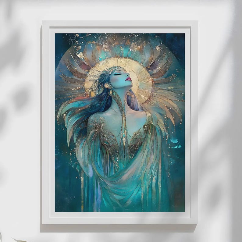 May include: Framed art print depicting a celestial figure with long blue hair and a golden halo. The artwork shows a serene woman in flowing teal robes, set against a backdrop of blues and golds, creating a mystical and ethereal ambiance.