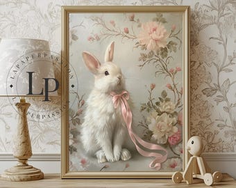Vintage Bunny Floral Nursery Print: Antique Rabbit Wall Art