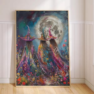 May include: Three witches wearing colorful, floral patterned robes and pointed hats walk through a field of flowers under a full moon. The sky is dark blue with stars and the moon is bright white.