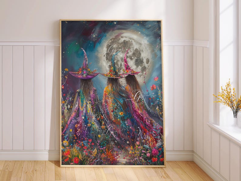 May include: Three witches wearing colorful, floral patterned robes and pointed hats walk through a field of flowers under a full moon. The sky is dark blue with stars and the moon is bright white.