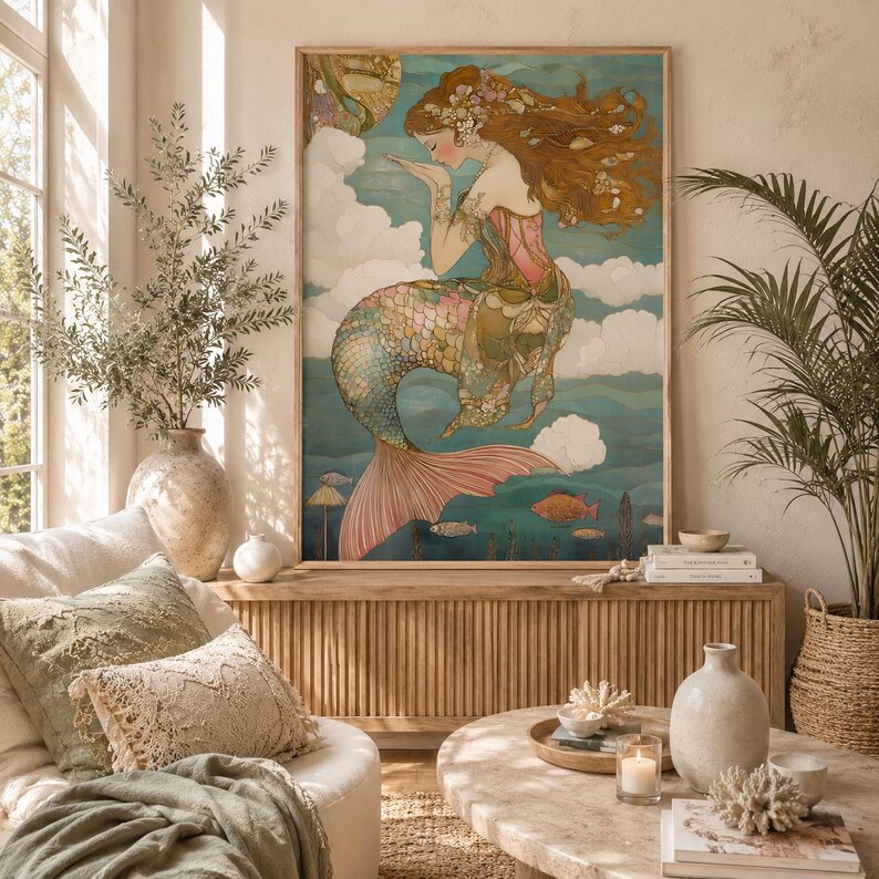 Whimsical mermaid print in soft pastel colors, featuring intricate costume details, delicate textures, and mythical ocean vibes.