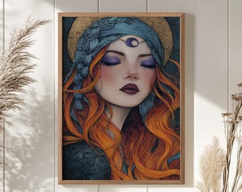 Impressão artística da Deusa da Lua: Arte de parede espiritual feminina celestial Boho
