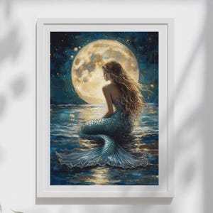 Mermaid Art Print: Moody Blue Moonlight, Fantasy Bathroom Decor