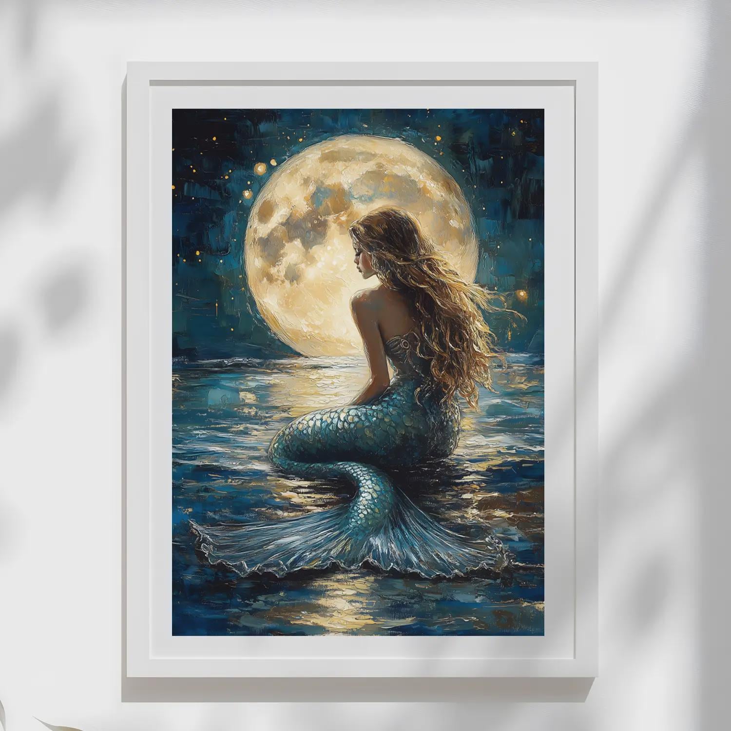 Mermaid Art Print: Moody Blue Moonlight, Fantasy Bathroom Decor