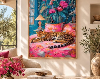 Resting Leopard Wall Art: Bohemian boho pink Maximalist Decor Print