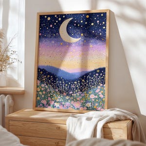 Whimsical floral moonWall Art - Girls Bedroom nursery Decor - celestial moon Print, Art floral prints wildflower bedroom decor