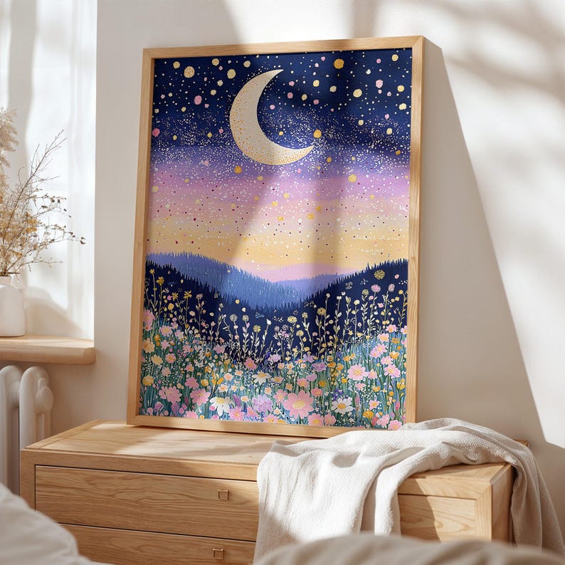 Whimsical floral moonWall Art - Girls Bedroom nursery Decor - celestial moon Print, Art floral prints wildflower bedroom decor