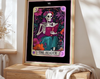 The Reader Tarot Card Print - Whimsical Skeleton Book Lover Art