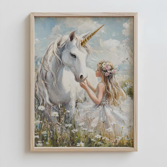 ユニコーンと女の子のアートプリント：ヴィンテージファンタジー