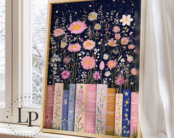 Book Lover Print, Floral Stack of Books Poster, Pastel Book Decor, Booknook Watercolor Wildflower Print,  Pastal Bookish Girls Wall Decor