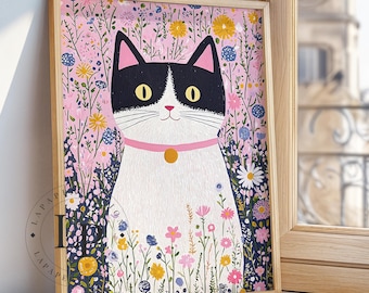 Pastal Pink Cat Wall Art, Pretty wildflower Floral Cat themed Girl&#39;s Wall Print, Colorful Pink Bloomcore Wall Decor for Girl&#39;s Nursery room