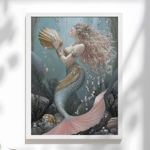 Mermaid Art Print |  Coastal Wall Decor | Elegant Blonde Mermaid Poster with Pearls | Underwater  Nautical Artwork | Gift for her