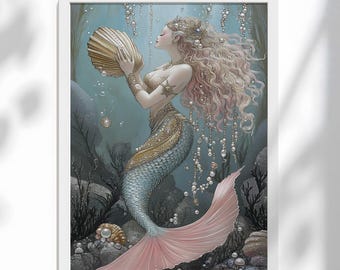 Blonde Mermaid Art Print: Coastal Nautical Wall Decor