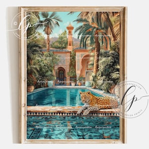 Stampa leopardo in Marocco - Arte murale massimalista - Stampa tropicale - Arte murale leopardo - Decorazione murale giungla - Arte murale europea
