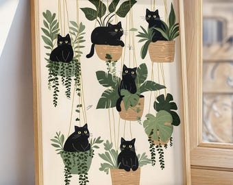 個性的な黒猫のアートプリント：ボタニカルな猫好きへのギフト