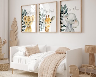 Safari Nursery Prints: Elephant, Lion, Giraffe - Set of 3
