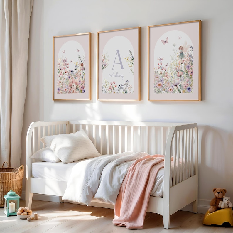 Fairy Nursery Wall Prints, Customised Name Wall Art, Wildflower Nursery