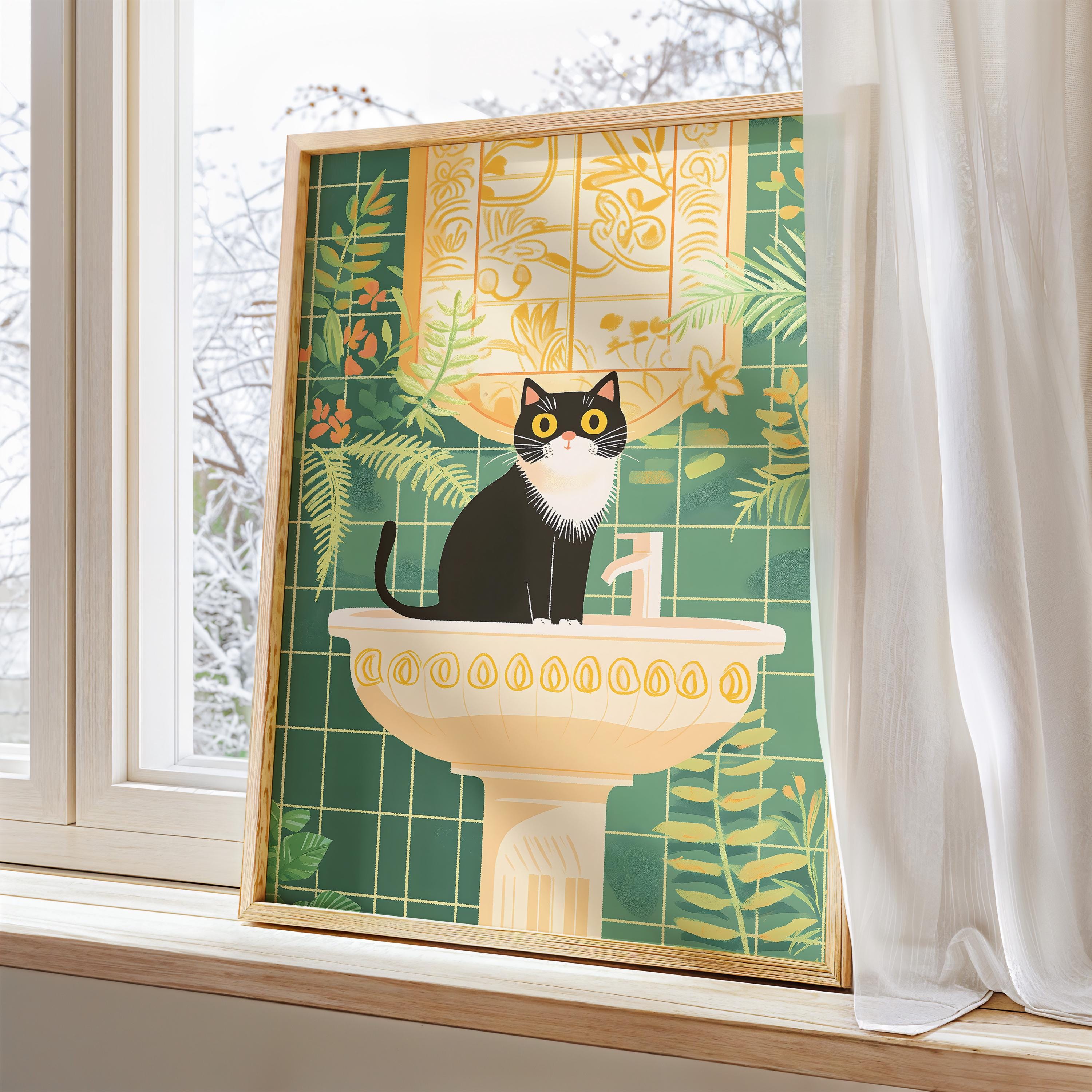 Bathroom Green Wall Art Print: Black Tuxedo Cat Poster Whimsical Wall ...
