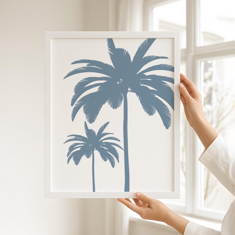 Coastal beach house wall art featuring palm trees and text print