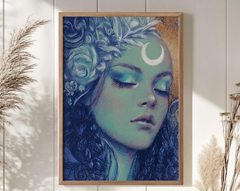 Impressão de arte da deusa: arte de parede espiritual feminina celestial boho