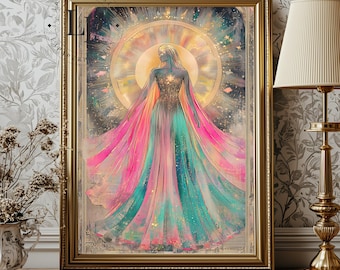 Puede incluir: Una impresión de arte digital de una mujer con un vestido fluido y colorido con un patrón de galaxia. La mujer está de pie frente a un círculo brillante con estrellas y planetas a su alrededor.