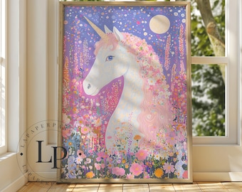 May include: A white unicorn with a pink mane and tail stands in a field of pink, purple, and yellow flowers. The unicorn has a gold horn and is surrounded by a magical glow. The background is a soft blue with stars and a full moon.