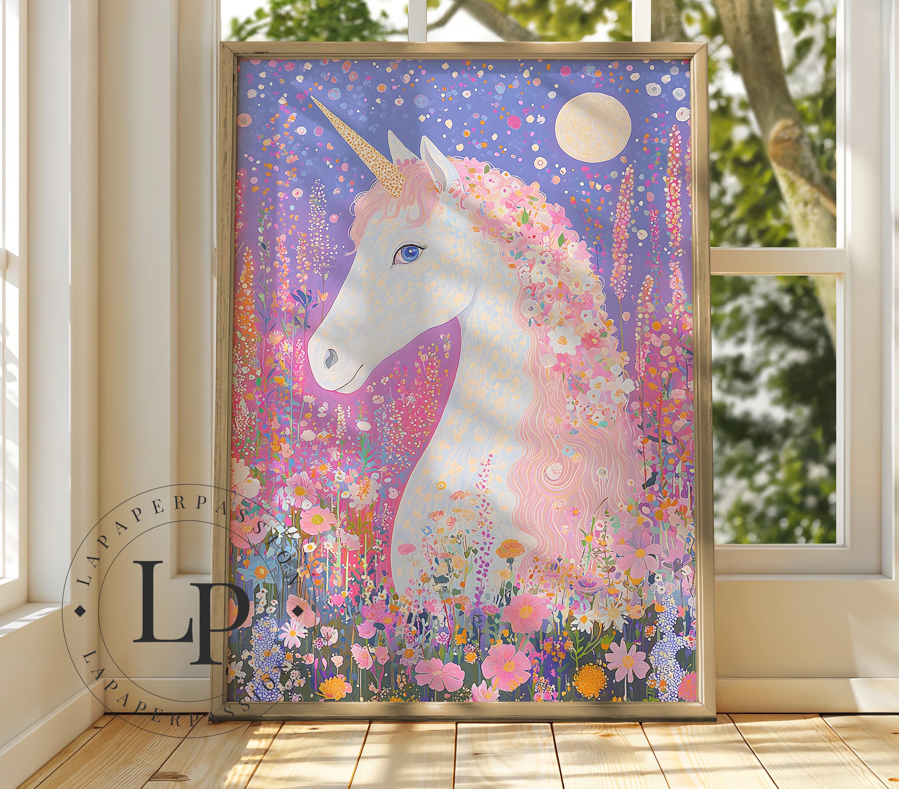 Pastal Pink Unicorn Print, Whimsical Wildflower Unicorn themed Girl's Wall Art, Colorful Girly Wall Art Decor for Girl's Nursery or Bedroom