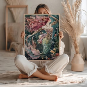 Mermaid Art Print – Underwater Fantasy Ocean Decor, Feminine Mythical Sea Creature Illustration, Whimsical Mermaid Poster